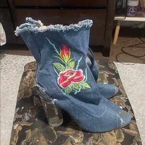 Floral Embroidered Denim Heeled Boots